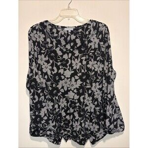 Habitat 100% Cotton Black Cream Asymmetrical Hem Floral Long Sleeve Blouse XL